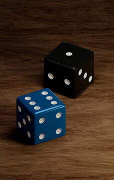 Two Dices placed on a wood table. Yale Dice with White dots display number 4, 5, 6 while Black Dice with White dots display number 1, 2, 3. double dices