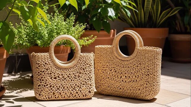 Woven straw handbags on a sunny garden patio with lush plants