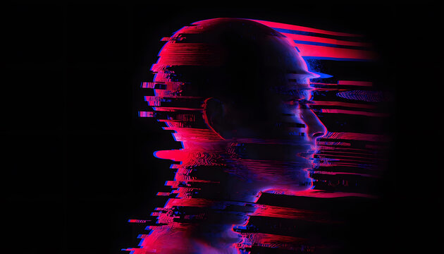 Human profile covered in digital horizontal glitch streaks. Cyber threat vulnerability and computer hacking concept. Head shape dissolving into colorful errors on black background