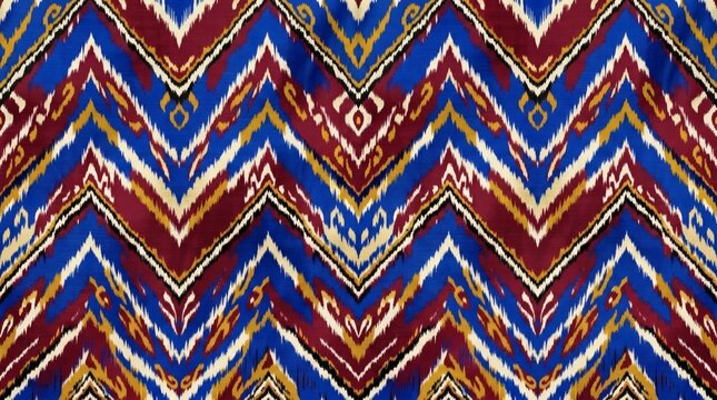 Traditional ikat fabric pattern with vibrant blue and burgundy zigzags, ethnic textile background, bohemian chevron weave texture for fashion design