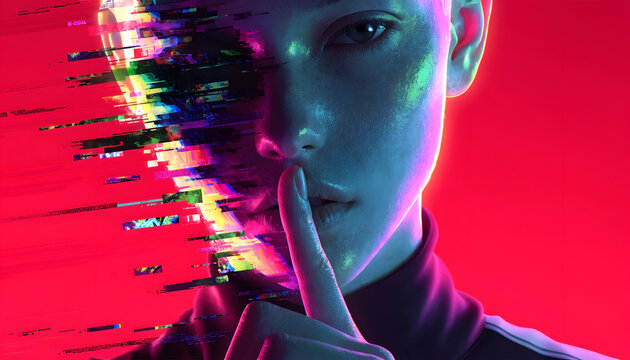Cyberpunk woman showing a shush silence hand sign with digital glitch effects. Data confidentiality and secrets protection. Female model holding index finger over her lips