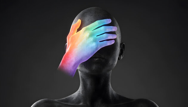 Dark textured human sculpture covering face with a glowing rainbow hand. Inner truth and colorful diversity concepts. Person hiding eyes with a multi color painted hand on dark background