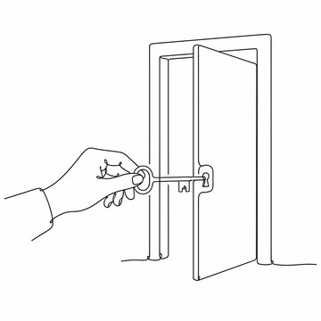 Continuous line art illustration of human hand holding skeleton key towards open door frame lock, symbol of accessibility, opportunity, security, and success on white background.