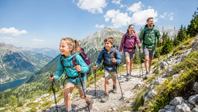 A family of four hiking up a mountain trail on a sunny day. The parents and two children are all smiling and enjoying the scenic view.
