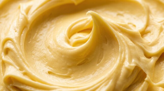 Creamy peanut butter texture close up with smooth swirls and soft peaks for a delicious food background photography