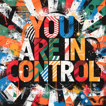 You are in control typographic inspirational quote over colorful sunburst background. Self confidence and personal growth concepts. Retro pop art graphic design with bold grunge lettering