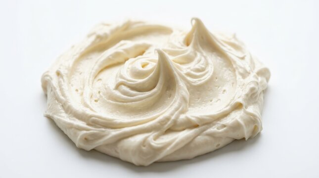 A smooth swirl of creamy white frosting or whipped cream textured topping isolated on a clean plain white background