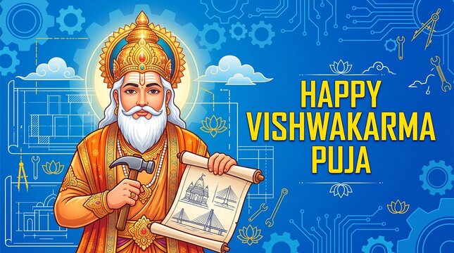 Happy Vishwakarma Puja Vector Illustration Banner with Lord Vishwakarma, Blueprint Architecture, Engineering Tools, and Gears Background