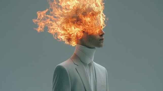 Man in a white suit with a fire on his head creative portrait