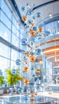 A captivating 3D rendering of a molecular structure, featuring a helix of interconnected spheres in blue and gold, suspended in a bright, modern laboratory or office space with large windows