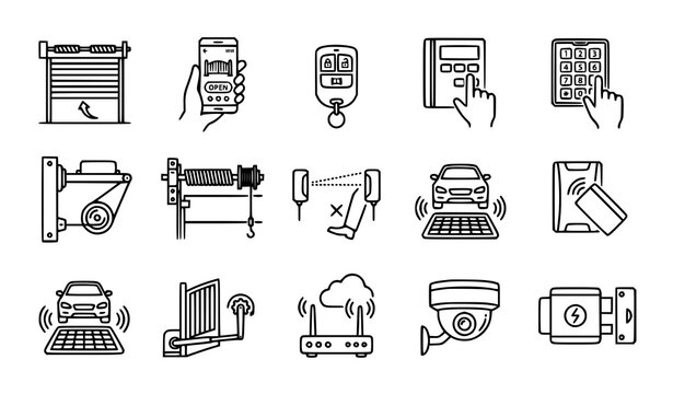 Smart automatic rolling gate icons vector set with remote controller and phone app line symbols