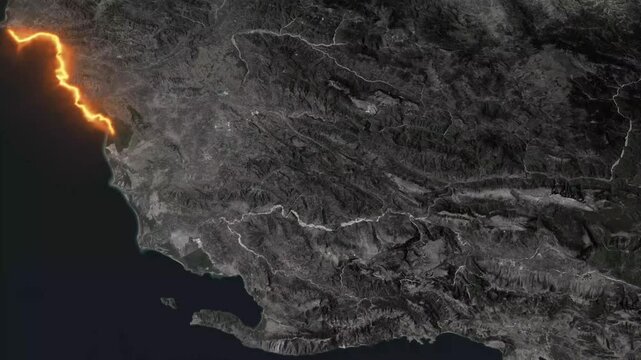 Albania country map with national flag overlay and glowing fire border on world map