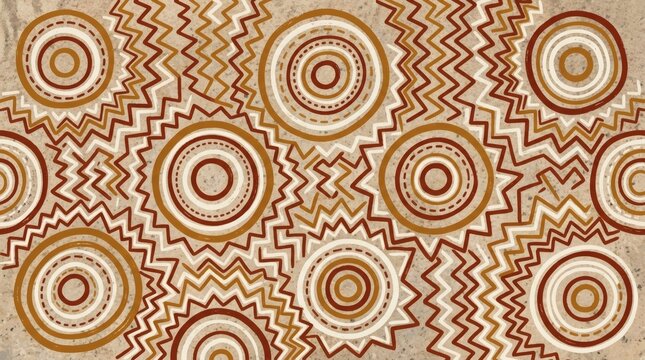 Aboriginal style pattern with concentric circles and zigzags, ethnic tribal background in earth tones, indigenous art texture for textile design