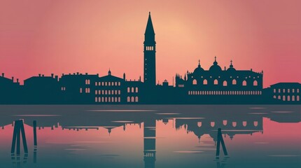 Naklejka premium Venice skyline silhouette at sunset, Italian city landscape with St Marks Campanile, panoramic water reflection of historic architecture in pink sky