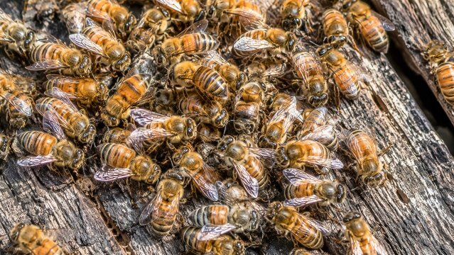 A close-up view of a large swarm of honeybees on a wooden surface. Their striped bodies are tightly clustered together, showcasing the intricate detail of each insect