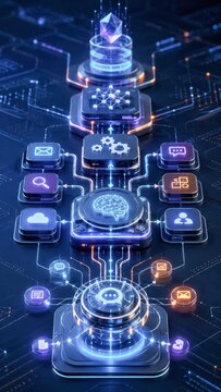 Futuristic digital circuit board with glowing neon lights, symbolizing data flow and technology. It features icons representing cloud computing, artificial intelligence, search, and communication.