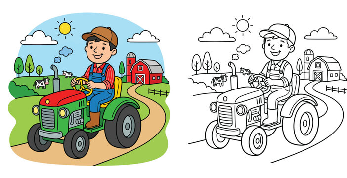 Cartoon farmer driving a green tractor on a farm