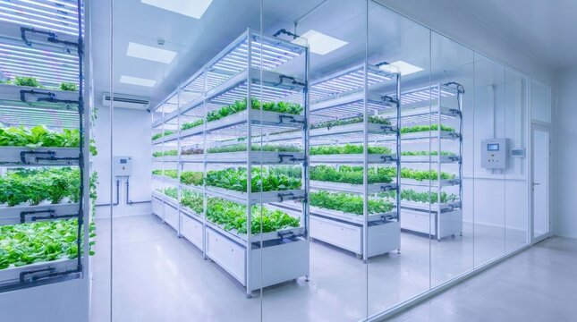Vertical indoor farm with green leafy vegetables, modern hydroponic system in a sterile laboratory, sustainable urban agriculture facility