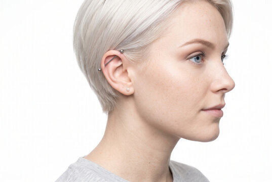 Young Woman With Platinum Pixie Cut and Industrial Ear Piercing
