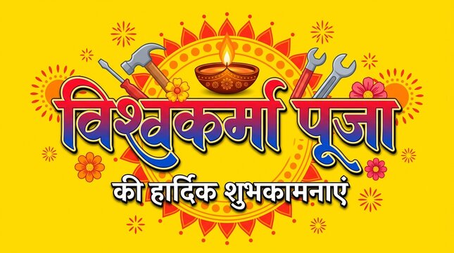 Vishwakarma Puja Greeting Banner Vector Illustration with Devanagari Hindi Text "Vishwakarma Puja ki Hardik Shubhkamnaye" - Tools, Diya, Floral Motifs on a Bright Yellow Background