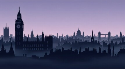 Fototapeta premium Panoramic city skyline silhouette at dusk, misty urban landscape with historic clock tower and cathedral, purple twilight cityscape background