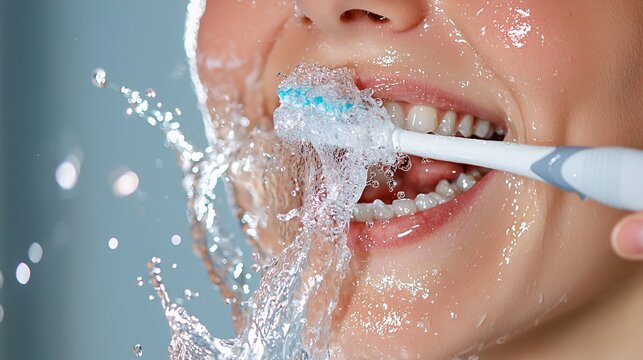 Extreme close-up of white teeth being cleaned by an electric toothbrush with bubbling water splashes and foam
