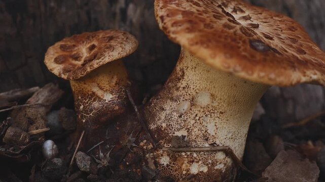 Close-Up of a Young Dryad's Saddle Mushroom (Cerioporus squamosus) Growing Beside an Old Walnut Tree Stump in a Rural Garden