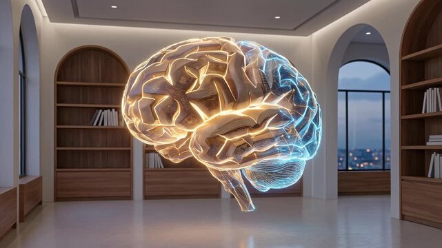 3D brain hologram in modern interior space for technology and innovation concepts