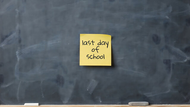 A yellow sticky note with the words last day of school on a dark blackboard