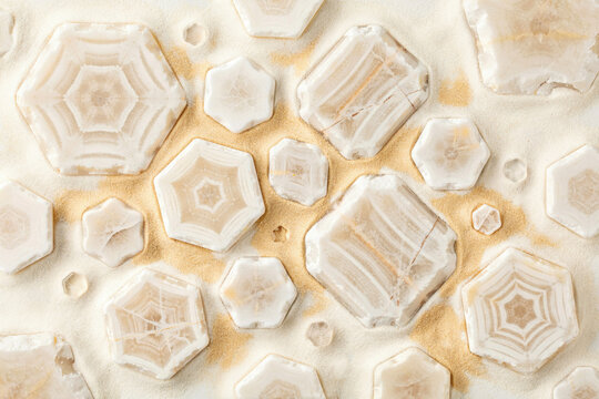 View of hexagonal stone tiles with natural agate patterns and beige sand texture background, for interior wall, or floor surface decoration