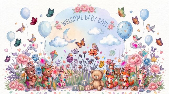 Colorful welcome baby boy illustration with animals flowers and balloons in watercolor style
