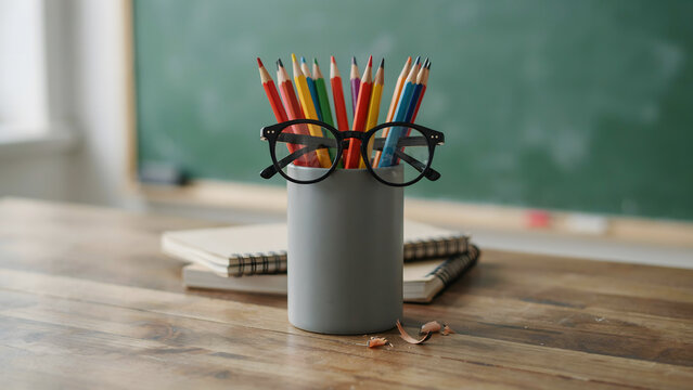 A cup of colorful pencils and spectacles on a wooden classroom desk