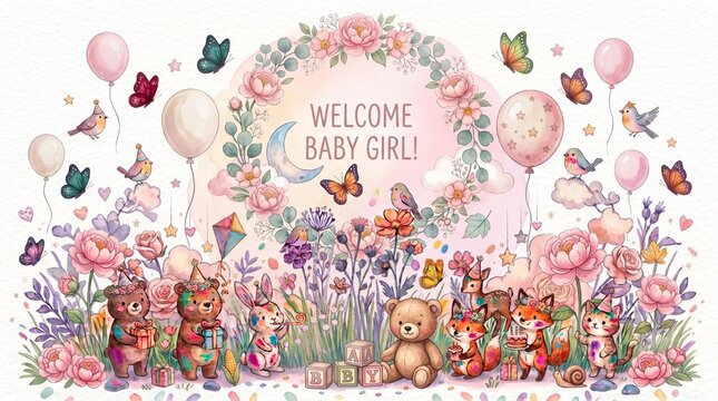 Colorful welcome baby girl illustration with animals flowers and balloons celebration scene