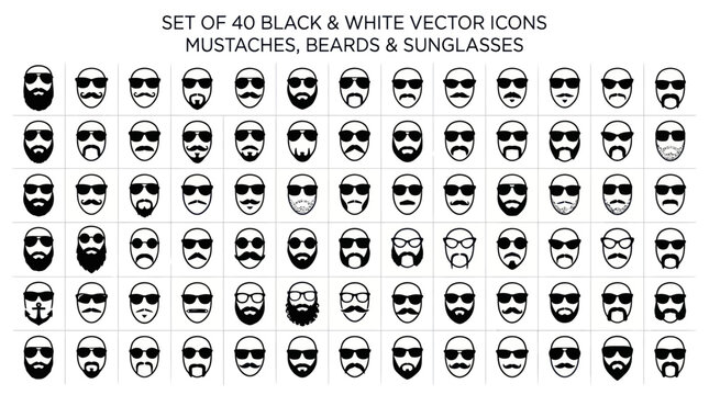 Minimalist Set of Forty Black and White Male Character Icons Featuring Diverse Beard Styles and Trendy Sunglasses Accessories