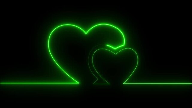 Glowing  green neon double heart line animation on black background. glowing neon double heart concept animation for love and valentine