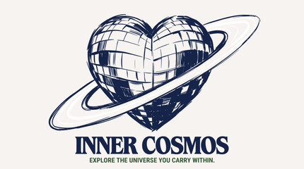 Inner cosmos vintage print design for t shirt. Heart disco ball with rings graphic. Explore the universe within artwork. © panji