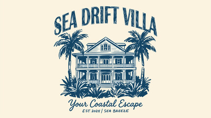 Beach club. Endless summer artwork. Tropical vintage design. Sea drift villa. Your coastal escape. Sea breeze. © panji