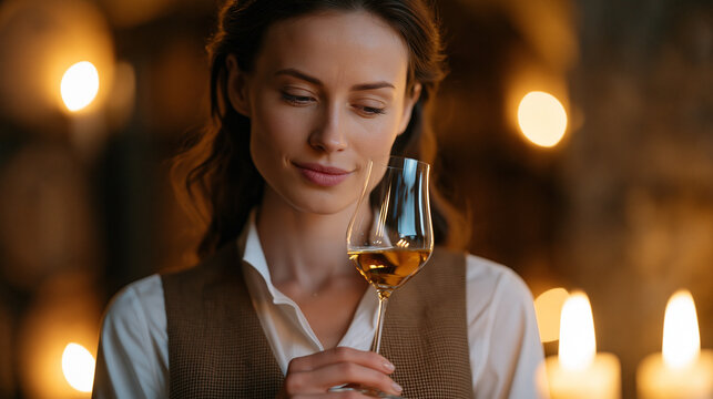 A sommelier holding a glass at a slight tilt toward candlelight in a restaurant cellar, wine evaluation, hospitality industry expertise, fine dining service professional,