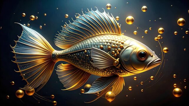A stylized golden fish swims in dark water with floating golden spheres, a fantastical scene