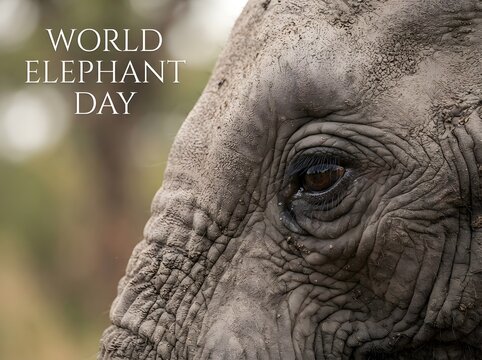 Close up shot of an elephant eye with world elephant day text overlay in a natural forest