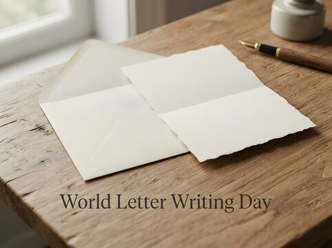 Blank white paper letter and pen on a rustic wooden table for world letter writing day