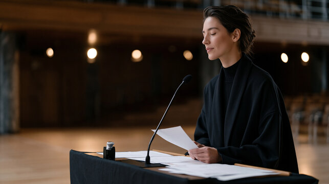 A spokesperson rehearses keynote remarks at a podium in an empty conference hall, notes spread across the lectern surface, spotlights illuminating polished flooring, corporate
