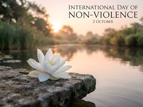 White water lily flower on a stone ledge for international day of non-violence event