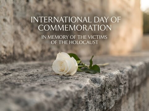 White flower on stone wall for international day of commemoration in memory of holocaust