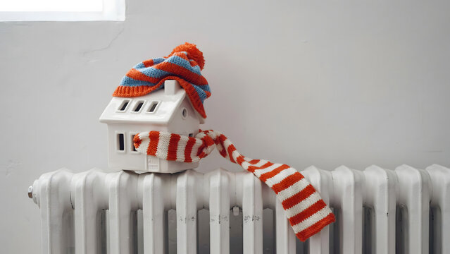 Small model house wearing a colorful winter scarf and hat on a white radiator