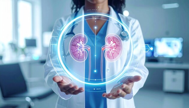 Medical professional with holographic urinary system, symbolizing advanced healthcare technology, anatomy visualization, and diagnostic innovation in clinical setting.