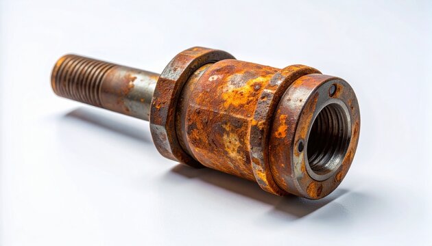Heavily rusted universal joint on light background, symbolizing corrosion, mechanical wear, and material degradation in engineering visualization.