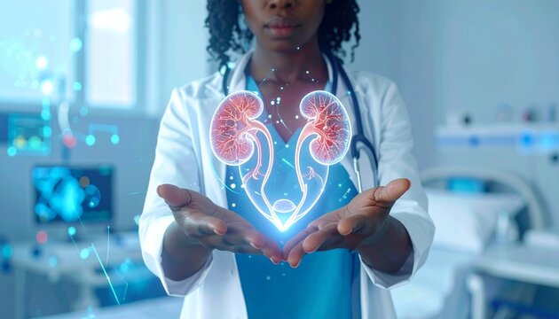 Medical professional with holographic urinary system, symbolizing advanced healthcare technology, anatomy visualization, and diagnostic innovation in clinical setting.