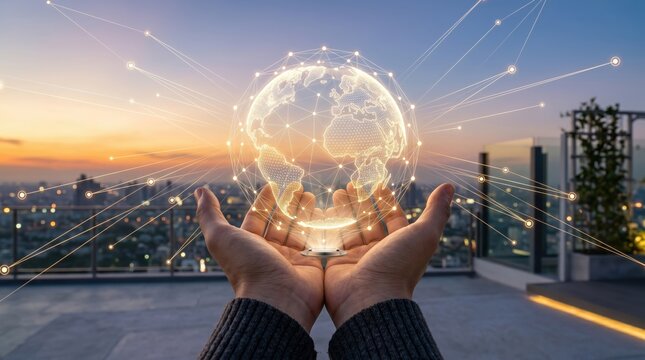 Hands holding glowing digital globe representing global connectivity and networking, world map with connection lines over city skyline background symbolizing international busin...