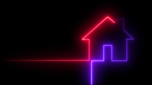 Neon red and blue  line home icon. Neon line Cool linear animated home icon. glowing neon house icon animated on black background